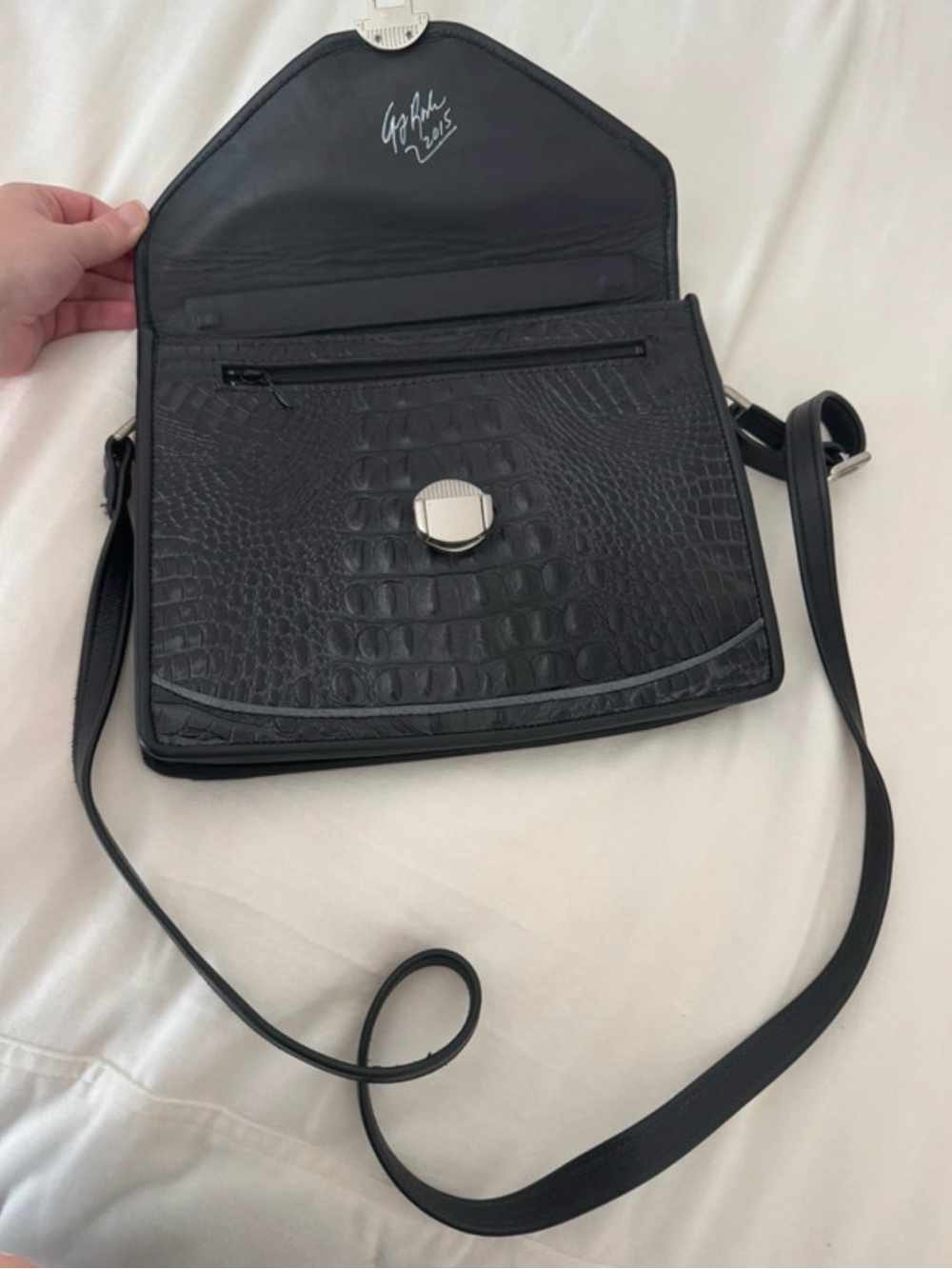 Handmade Black Croc-Embossed Genuine Leather Crossbody with Silver Turn-Lock